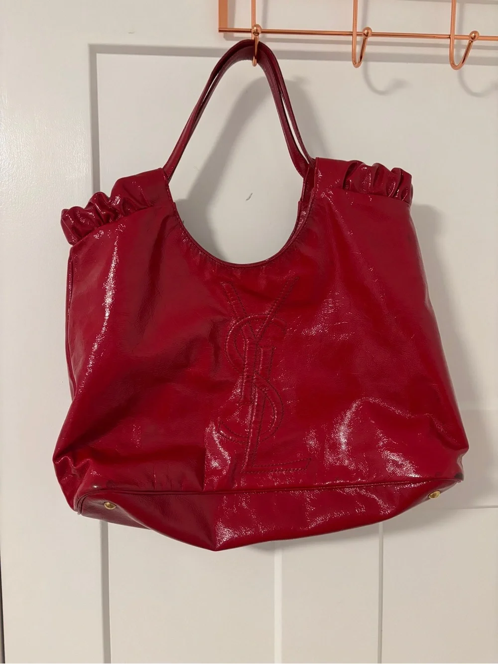 Yves Saint Laurent Red Patent Leather Ruffled Hobo Bag